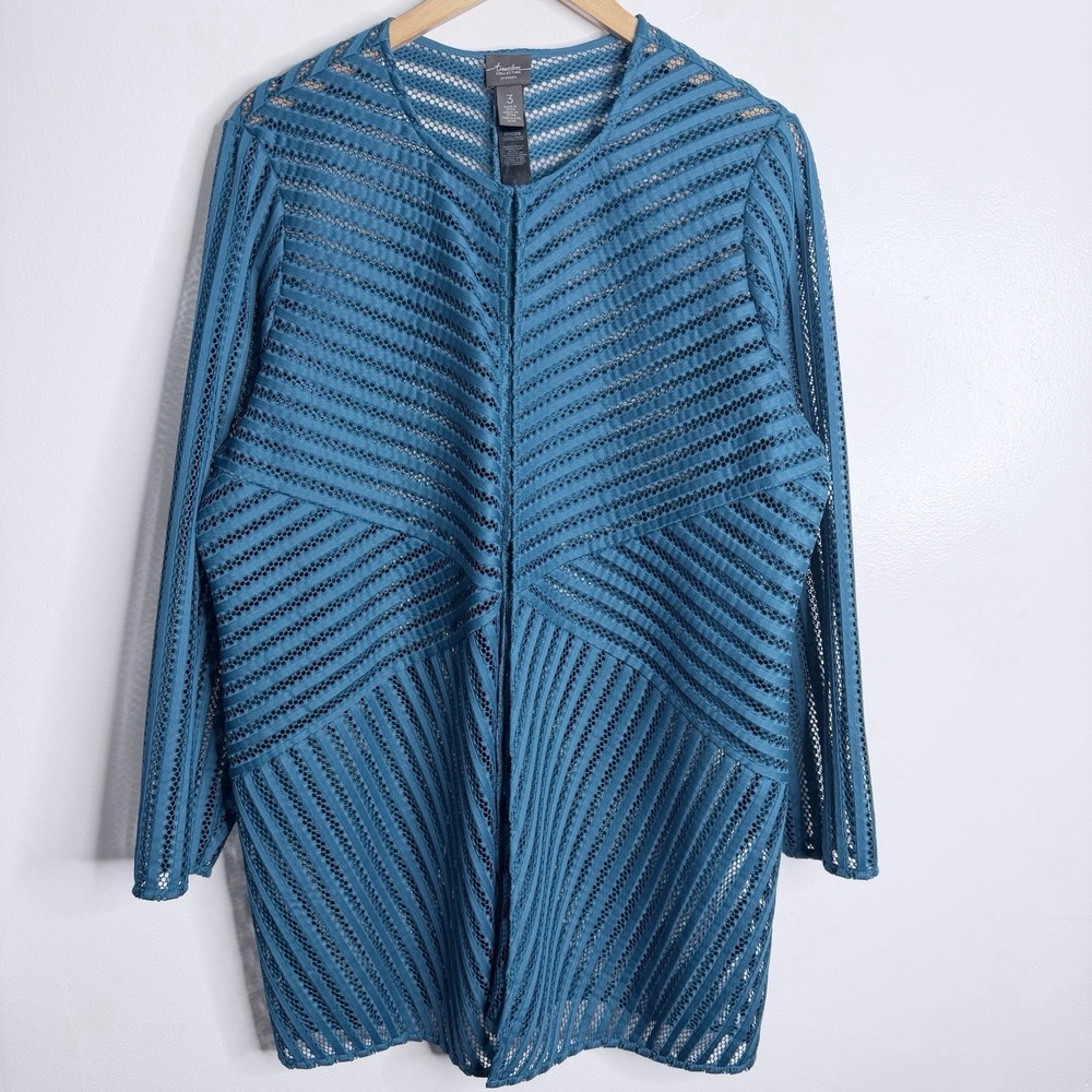 Chico's Travelers Mesh Cardigan XL Teal Blue Textured Chico 3 Resortwear Travel‎